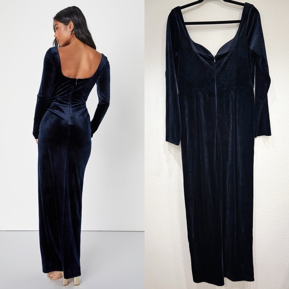 NWOT Lulus Forever Sensational Navy Blue Velvet Long Sleeve Maxi Dress - Picture 3 of 9